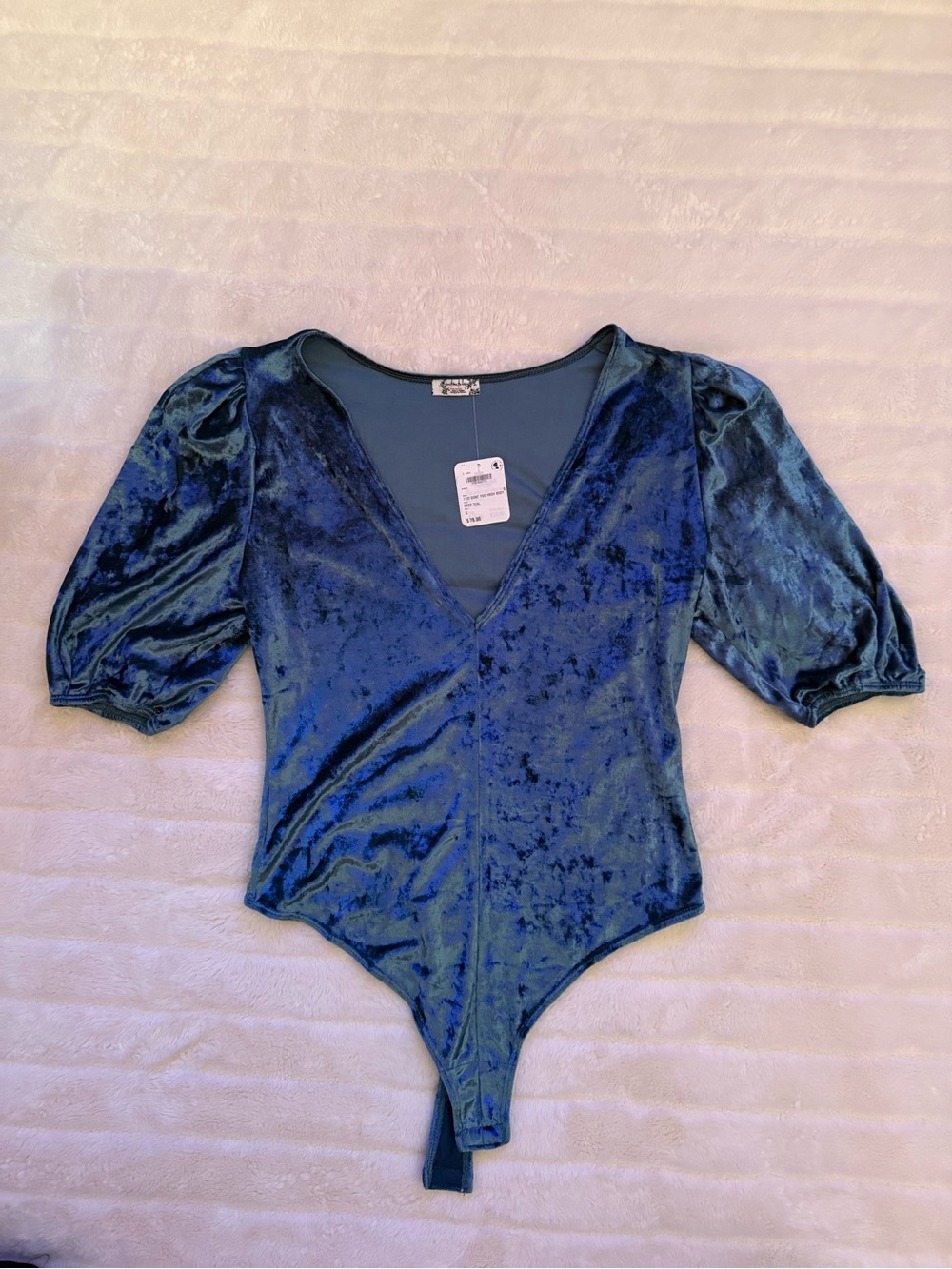 Free People Velvet Deep V Puff Sleeve Bodysuit in Teal Blue